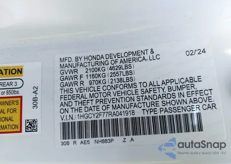 2024 Honda Accord Hybrid Sport-L z USA, uszkodzony, nr VIN 1HGCY2F77RA041918